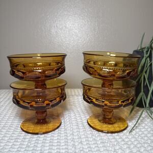 Vintage Amber Glass Pedestal Dessert Cups Set 4 Coin Dot Thumbprint Design